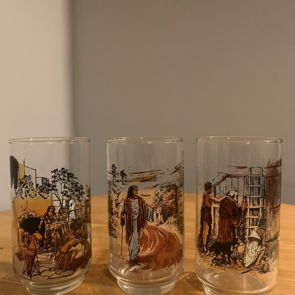 Three Vintage Libbey Bible Story Drinking Glasses